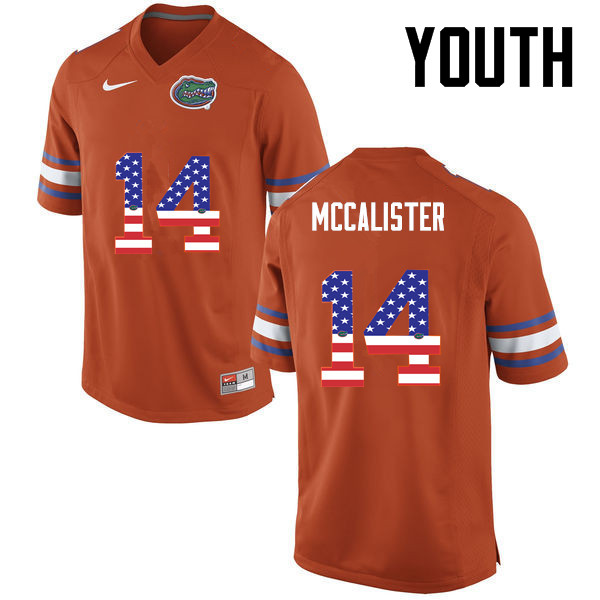 Youth Florida Gators #14 Alex McCalister College Football USA Flag Fashion Jerseys-Orange - Click Image to Close